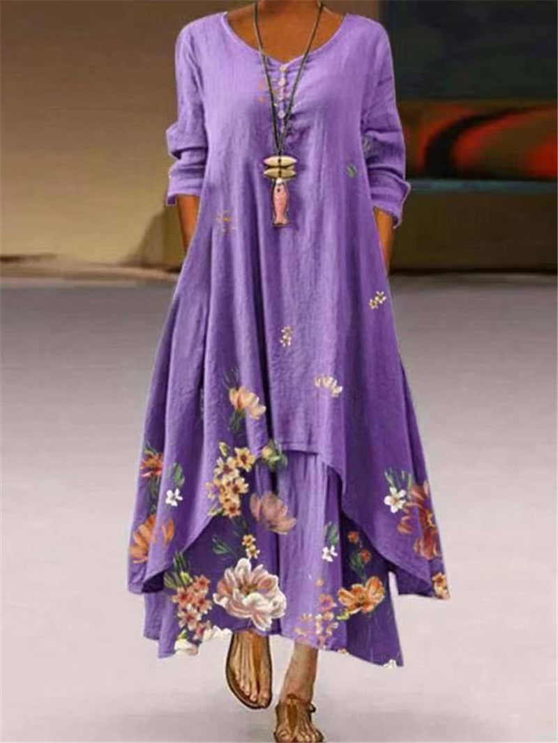 Summer Floral Print Long Sleeve Dresses Women O Neck Buttons Irregular Hem Maxi Dress Loose Plus Size Party Vestidos Long Dress Purple