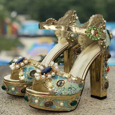 MStacchi Luxury Brand Women Platform Sandals Crystal Embroidery High Heel Sandalia Feminina Buckle Strap Rhinestone Wedding Shoe Blue