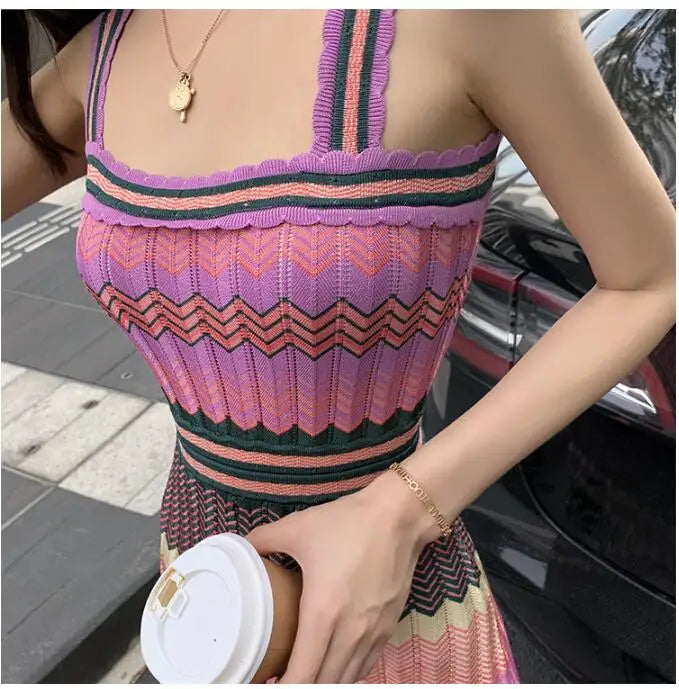 Bohemian Style Sleeveless Knitted Dress for Women, Slim Long Dresses, Geometric Pattern, Summer Party Dress, SL297, New