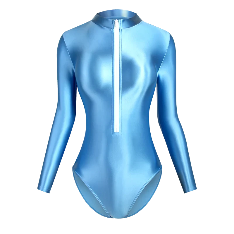 Satin Shiny Japanese Women's Sexy Body Suits Front Zipper Long Sleeve Tight Glossy Silky High Cut One Piece Swimsuit Plus Size Ice Blue