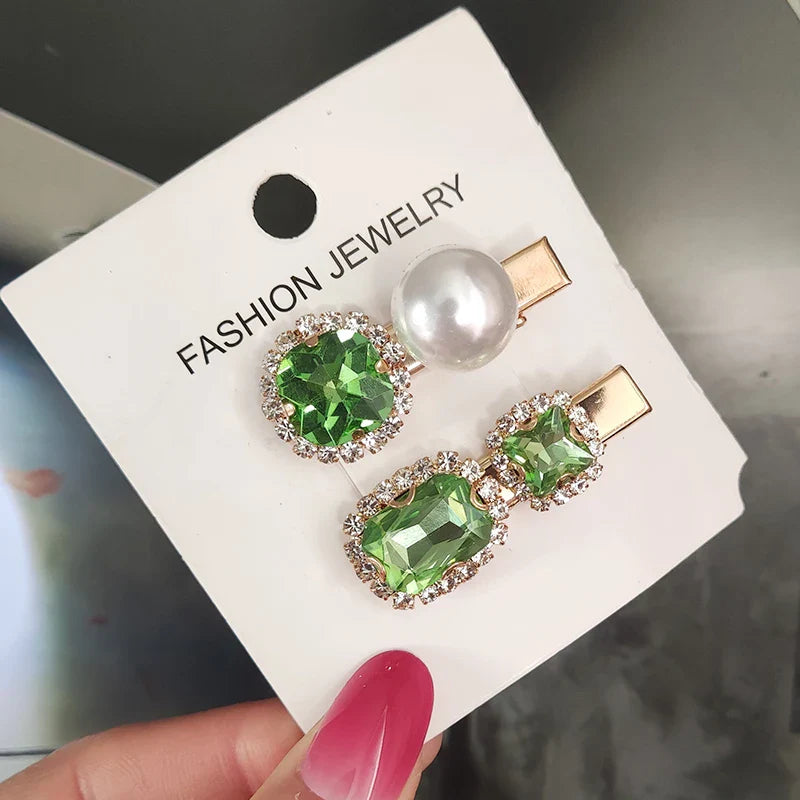 Set Women Hair Clips Jewelry Fashion Crystal Hair Accessories For Girls Luxury Pearl Geometric Barrettes Pins Christmas Gift 2pcs-light green