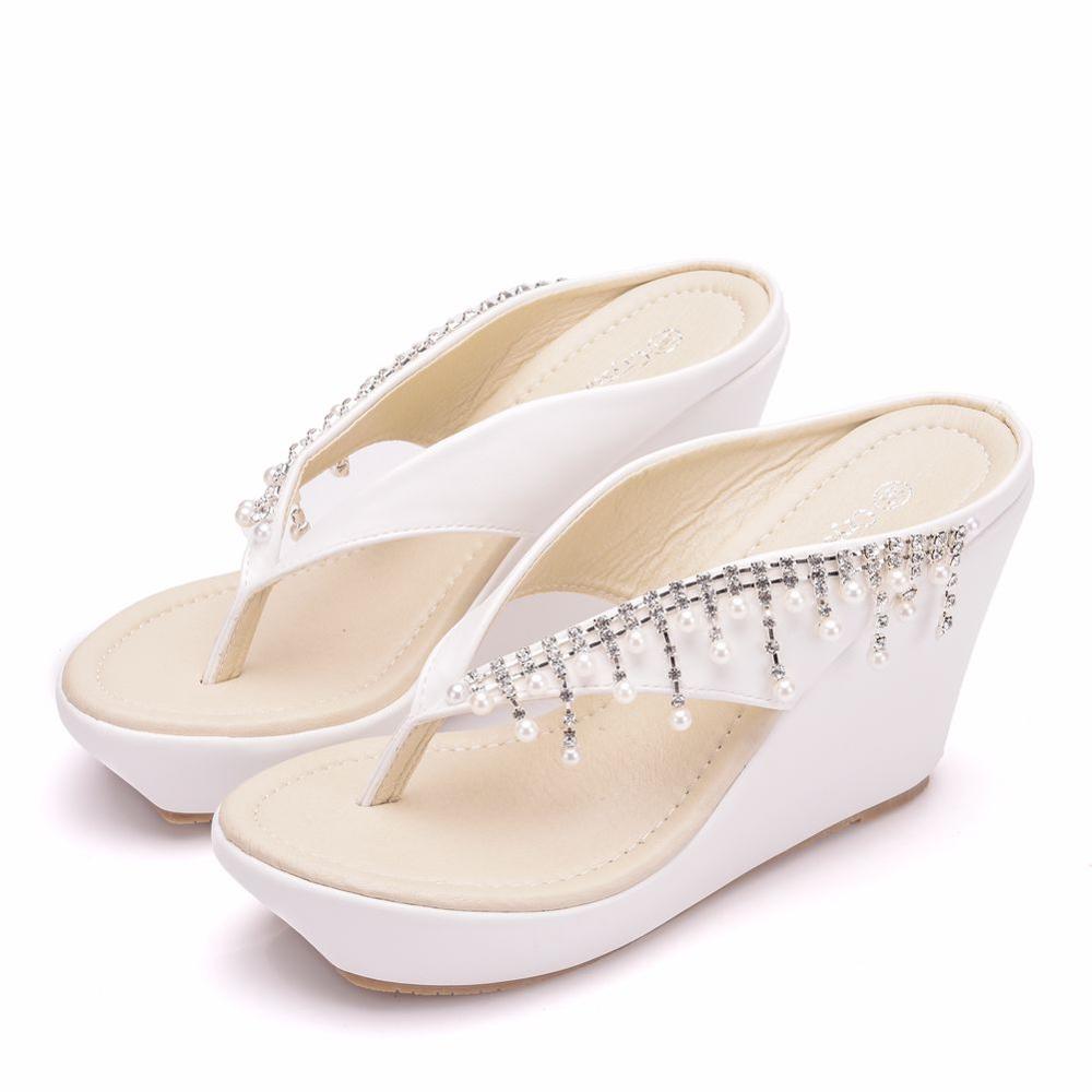 Queen Women Slippers Summer White Color Style Beaches Flip Flops Platform Sandals Open-toed Casual Shoes Big Size 34-43 White