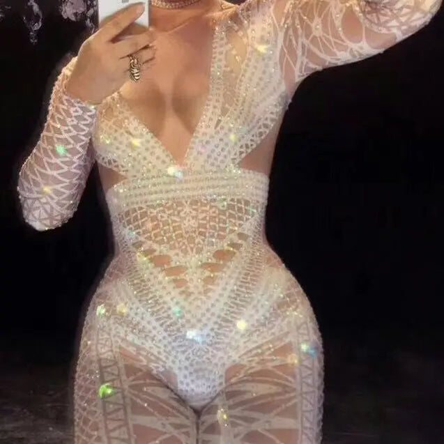 Sexy Stage White Jumpsuit Costume One-piece Nightclub Dance Outfit Party Wear Singer Stage Performance gogo singer Clothes