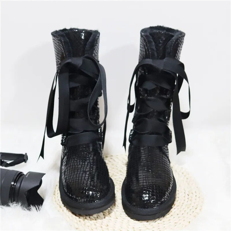 Waterproof High Boots Lace Up 2023 Woman Winter Snow Boots Women's Shoes Thick Plush Genuine Leather Winter Women's Snow Boots