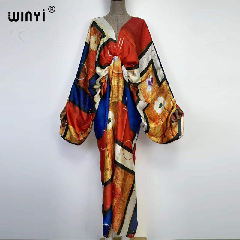 Sexy bech high-quality hand-rolled feel silk rayon fashion print 2024 WINYI Maxi Women's robes long beach V-neck Bohemian dress 17 One Size
