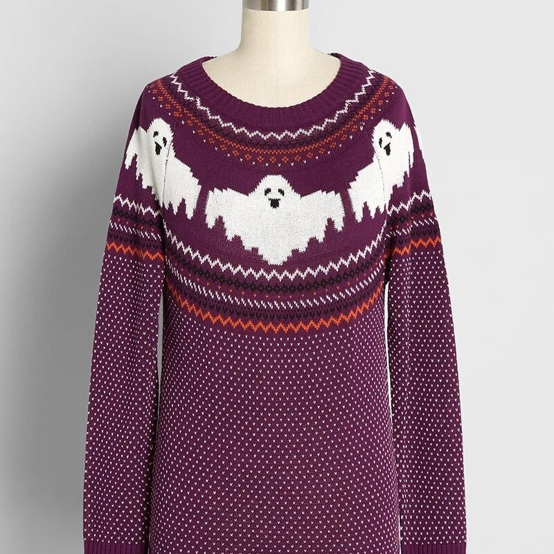 Yangelo Y2k Sweaters Women Halloween's Clothes Gothic Ghost Knitted Pullover for Autumn Winter Purple Streetwear Girl's Top Violet One Size
