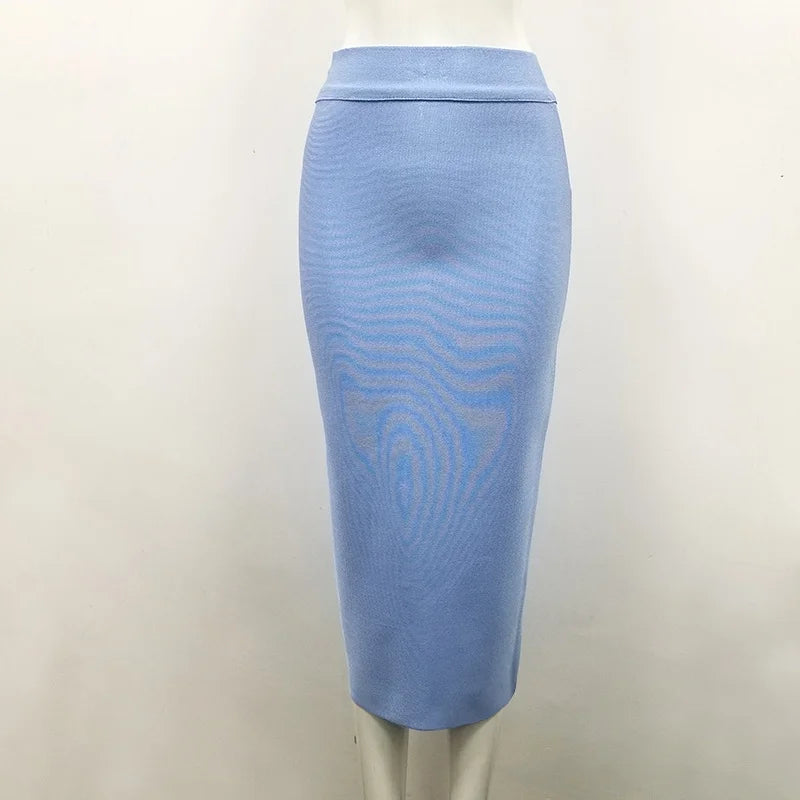 Women Candy Color Sexy Neon Green Brown Orange Yellow Knee Length Bandage Pencil Skirt 2020 Designer Skirt Faldas 78cm SKY BLUE