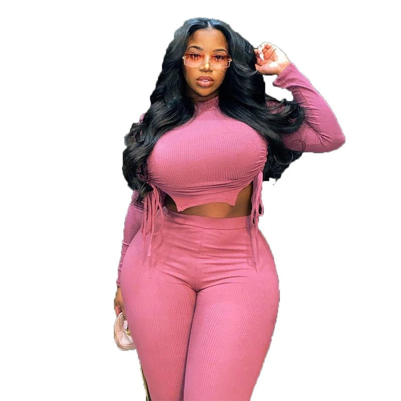 Sexy Plus Size Women Clothing Ribbed Long Sleeve Crop Top and Pants Sets Bodycon Ladies 2 Piece Outfits Wholesale Dropshipping Pink
