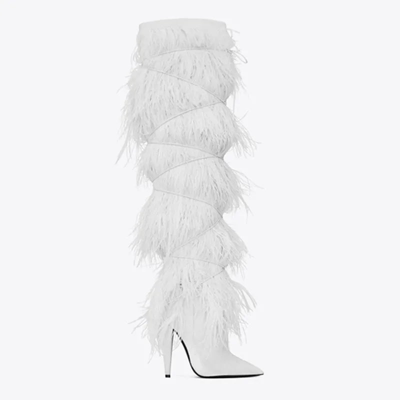 Feather Women's High Boots Suede Cross-tied Pointed Toe Party High Heel Shoes Sexy Ostrich Feather Women's Over The Knee Boots