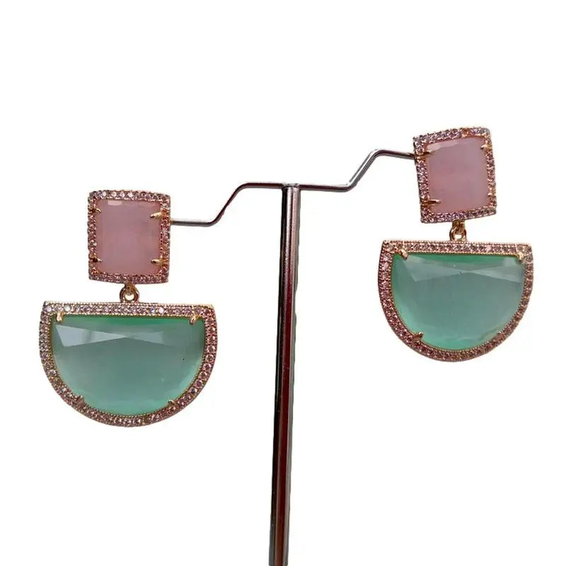 YYGEM Semicircle Green Dangle Pink Cat Eye Gold plated Stud Earrings Geometric Fashion Jewelry