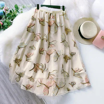 Luxury Sequines Dragonfly Embroidered Tulle Skirts Womens New Summer Fairy Glitter Mesh Skirts High Waist Long Tutu Skirts Apricot One Size