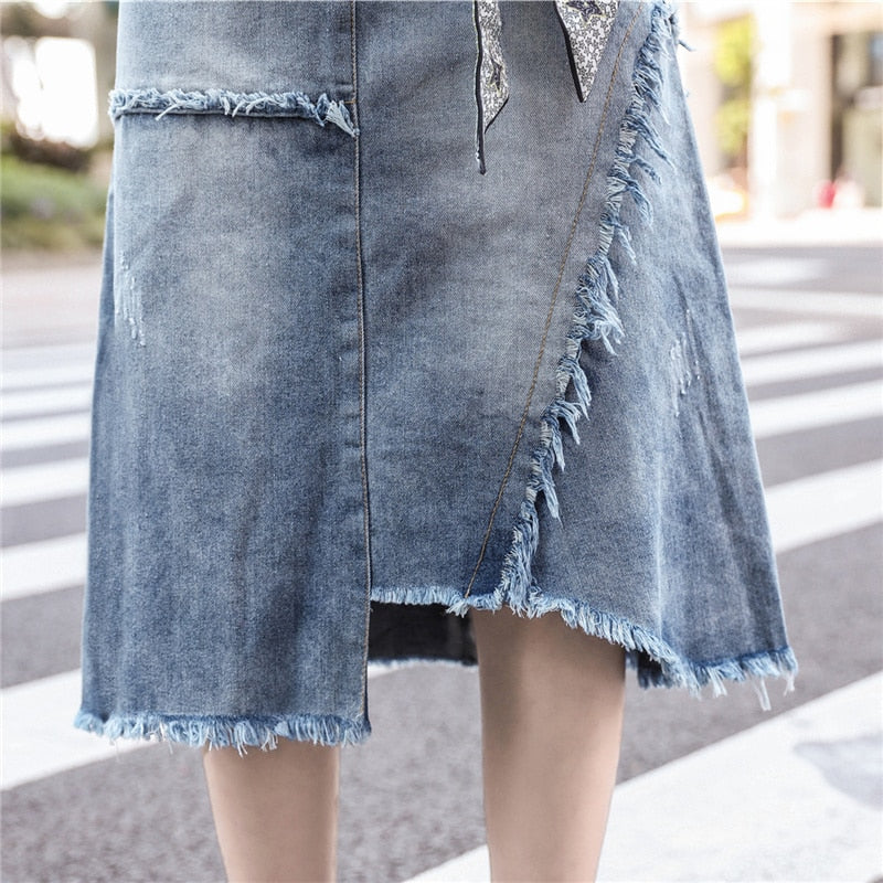 S-5XL Women Denim Skirt Spring Summer 2024 Fashion Casual Medium-long Package hip Irregular hem Slim Waist Skirts Jeans Female