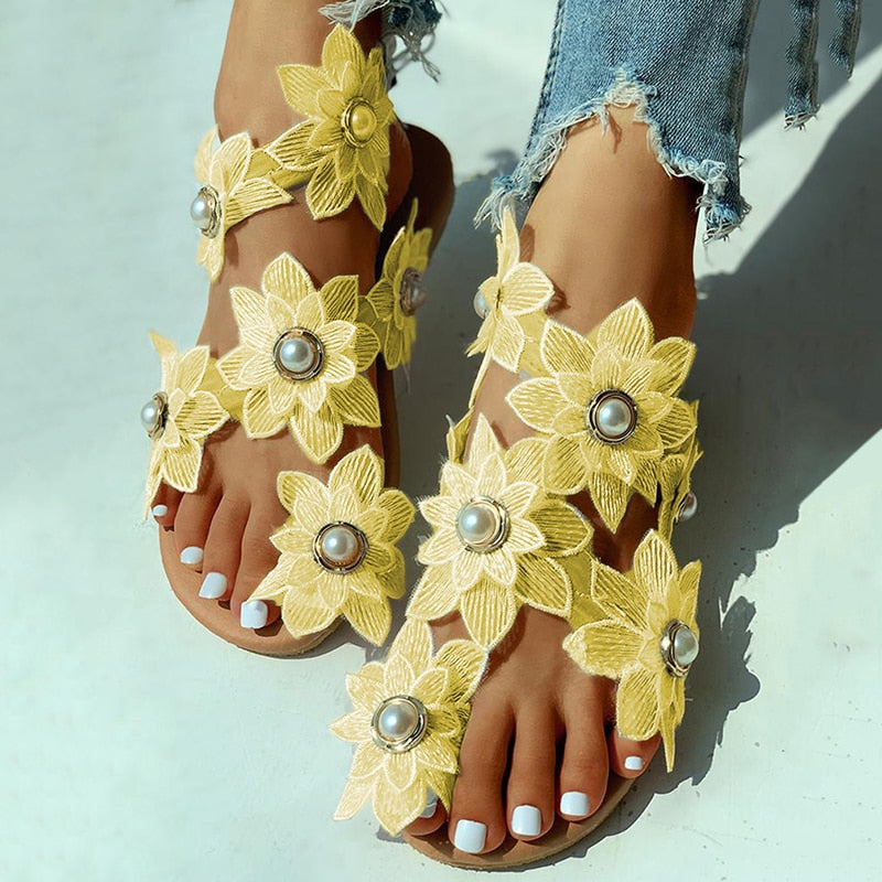 Women Sandals Boho Style Summer Shoes For Women Flat Sandals Beach Shoes 2024 Flowers Flip Flops Chaussures Femme 6 Colors 35-44 Yellow