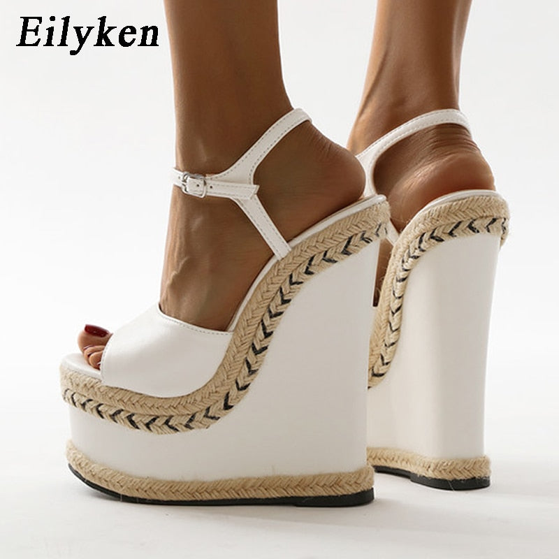 White Sandals For Women Summer Fashion Open Toe Ankle Buckle Strap Platform Wedge High Heels Dress Lady Shoes