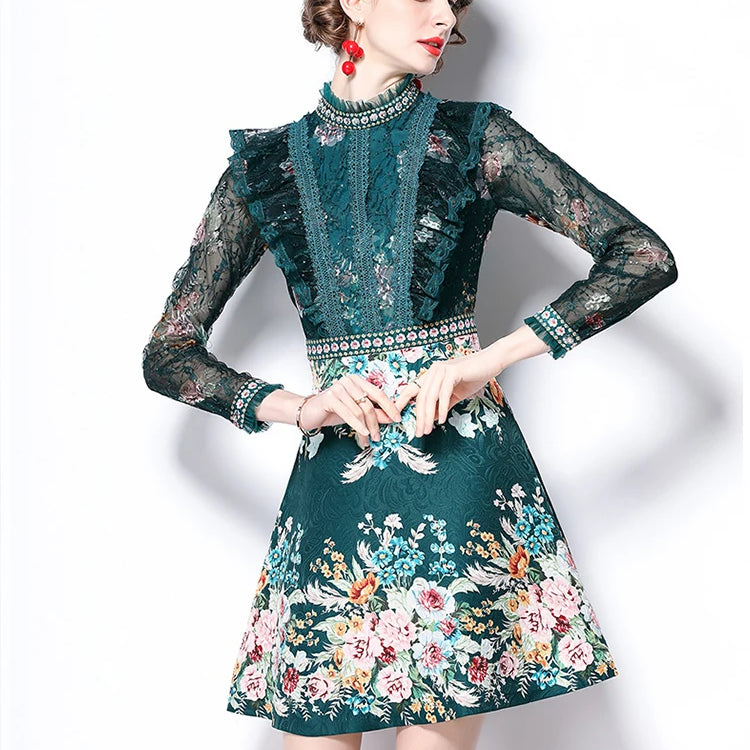 Spring Fashion Runway Flower Jacquard Dress Women's Beading Stand Long Sleeve Ruffles Lace Stitching Vintage Party Vestidos