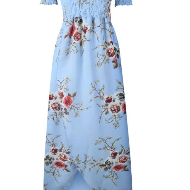 Sexy floral Dress Summer Split Maxi Beach Sundress Off Backless Dress Boho Long Dresses Vestidos Femme Blue