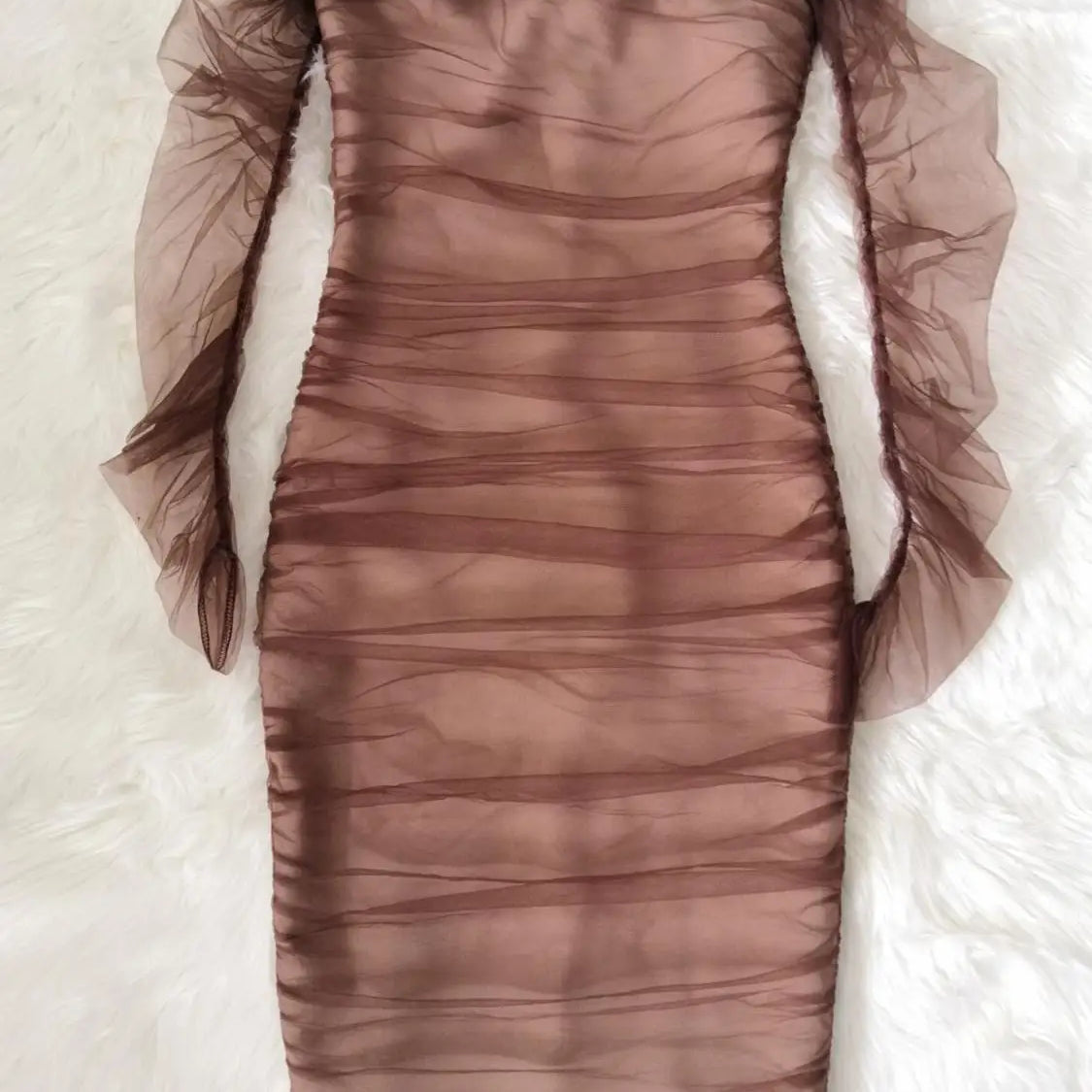 Brown Mesh Sleeve Off The Shoulder Rayon Bandage Dress Elegant Club Party Dress