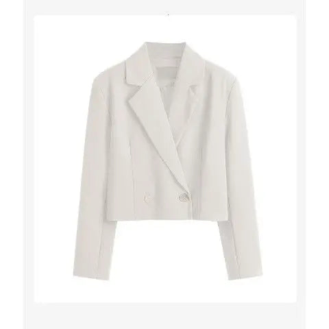 Fashion Women Elegant Short Blazer Casual Office Work Vintage Solid Color Long Sleeve Notched Collar Double Breasted Jacket White