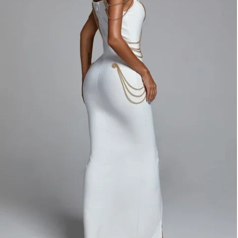 New Black White Chain Spaghetti Strap V-Neck Split Bandage Dress Bodycon Celebrity Club Party Long Dress Vestidos