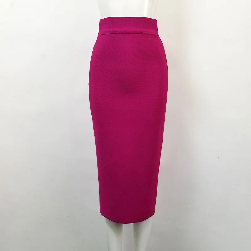 Women Candy Color Sexy Neon Green Brown Orange Yellow Knee Length Bandage Pencil Skirt 2020 Designer Skirt Faldas 78cm Rose Red