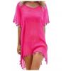Summer Chiffon Tassels Beach Dress Swimwear Bikini Cover Up Female Mini Loose Solid Pareo Tops Swimsuit Rose Red One Size