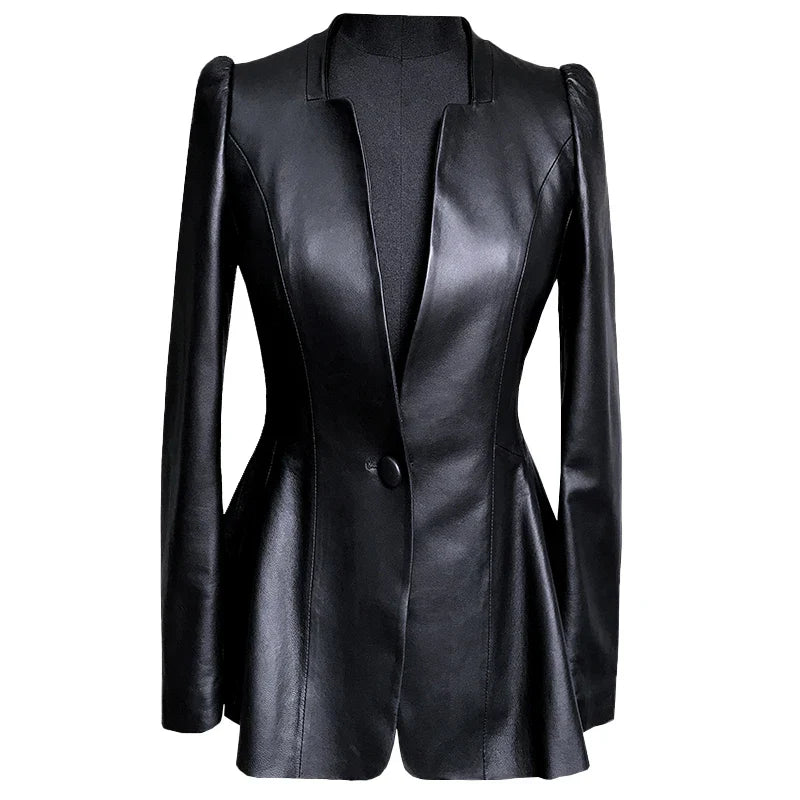Autumn Black Slim Soft Pu Leather Jacket Women Deep V Neck Long Puff Sleeve Elegant Luxury Skirted Blazer Fashion 2021