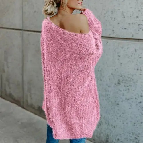Women's Sweater Fashion Solid Color Sloping Shoulder Plush Jumper Loose Casual Knitted Sweater Top Oversized Sweater for Women Pink