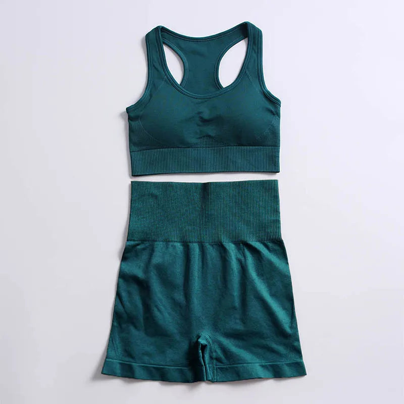 2pcs seamless hyperflex workout sport outfits for women sportswear athletic clothes gym Long Sleeve Crop Top High Waist Leggings Bra shorts Green