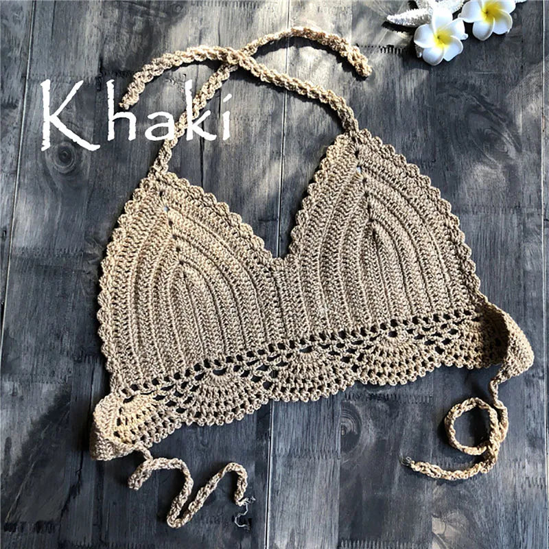 Micro Bikini 2020 Women Handmade Crochet Knit Swimwear Halter Patchwork Bathing Suit Swimsuit Biquini Thong Bikini traje de bano Khaki