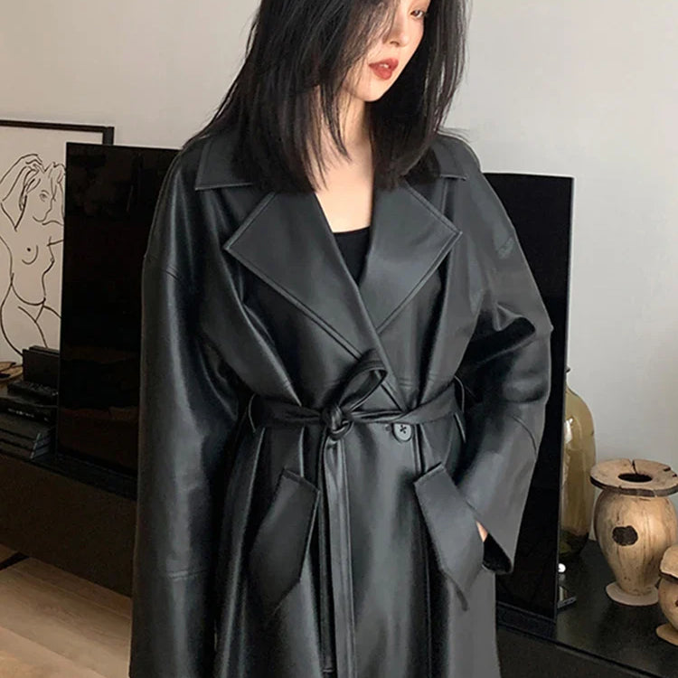 Lautaro-Long Black Leather Trench Coat for Women, Oversized Sashes, Single Button, Loose Stylish, Korean Fashion, Spring