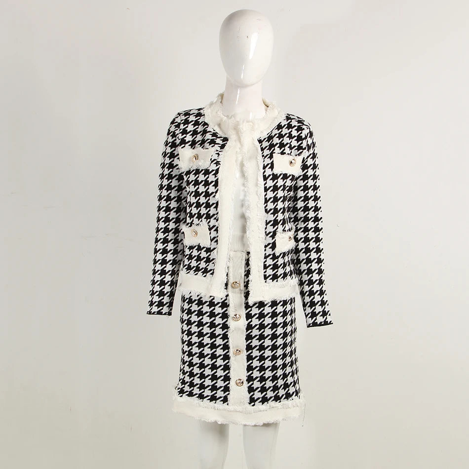 2025 Autumn Women'S Houndstooth Tweed 2 Piece Sets Of Sexy Long-Sleeved Round Neck Button Coat + Short Pencil Skirt Party Suits WHITE