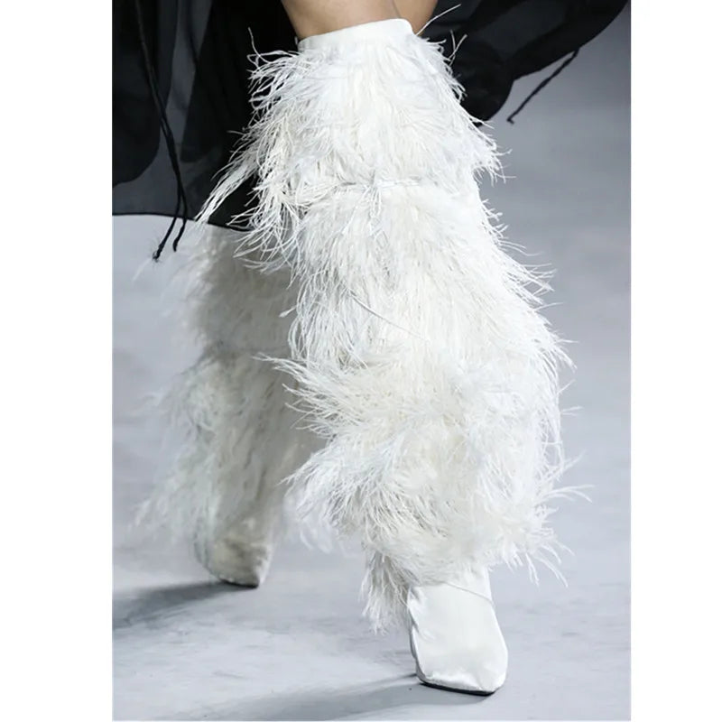 Feather Women's High Boots Suede Cross-tied Pointed Toe Party High Heel Shoes Sexy Ostrich Feather Women's Over The Knee Boots