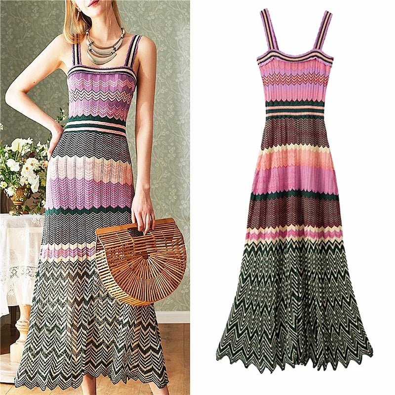 Bohemian Style Sleeveless Knitted Dress for Women, Slim Long Dresses, Geometric Pattern, Summer Party Dress, SL297, New