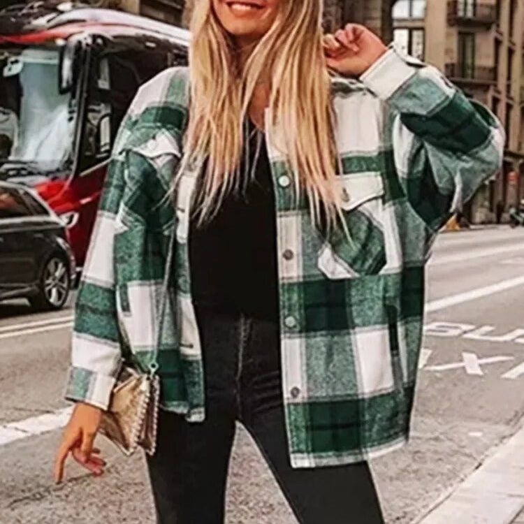 TEELYNN Long Sleeve Overshirt Women Coats 2024 Vintage Green Plaid Autumn Winter Warm Jacket Boho Casual Oversized Outwear Coat