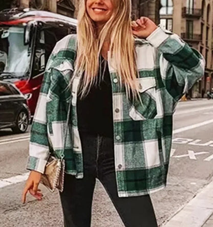 TEELYNN Long Sleeve Overshirt Women Coats 2024 Vintage Green Plaid Autumn Winter Warm Jacket Boho Casual Oversized Outwear Coat