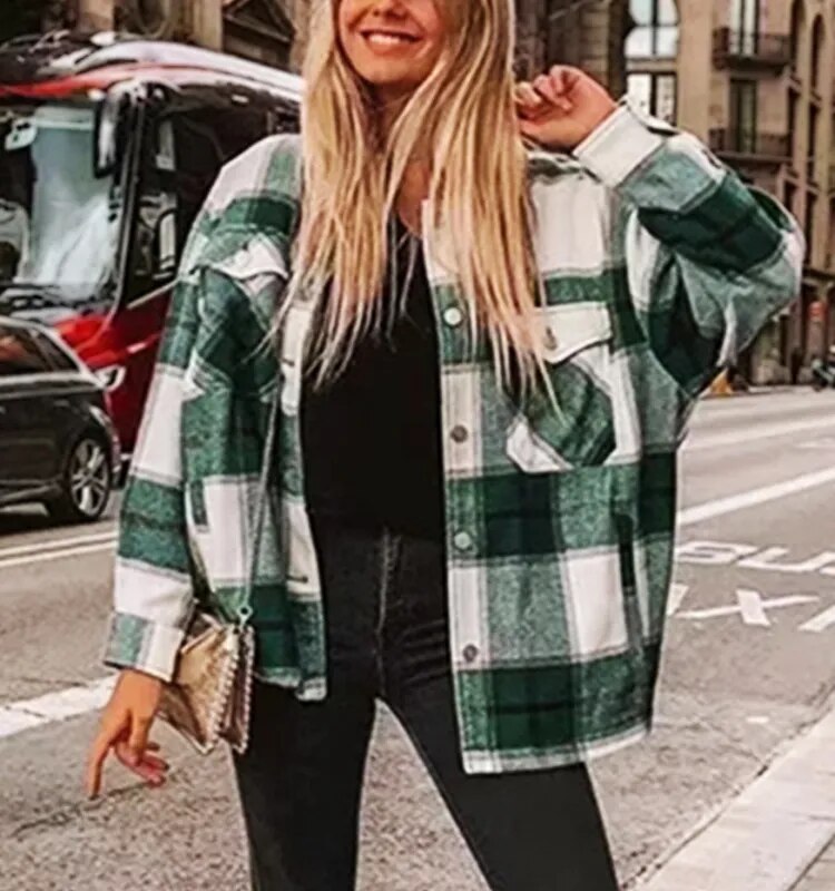 TEELYNN Long Sleeve Overshirt Women Coats 2024 Vintage Green Plaid Autumn Winter Warm Jacket Boho Casual Oversized Outwear Coat