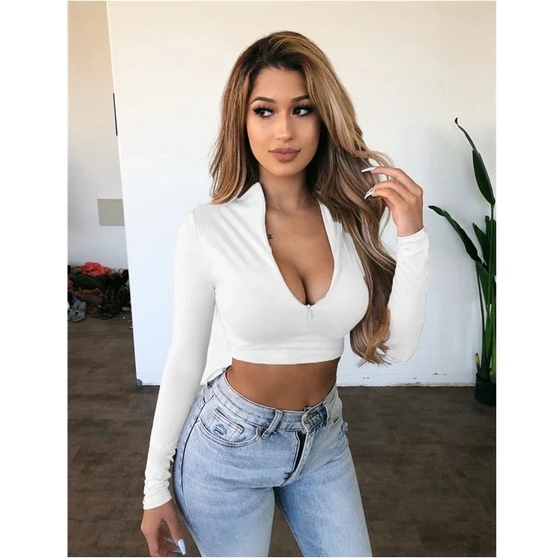 Women Long Sleeve Crop Tops Skinny Sexy Ladies Skinny Autumn Pre-fall Turtle Neck Zip Up T-Shirt New Tees WHITE