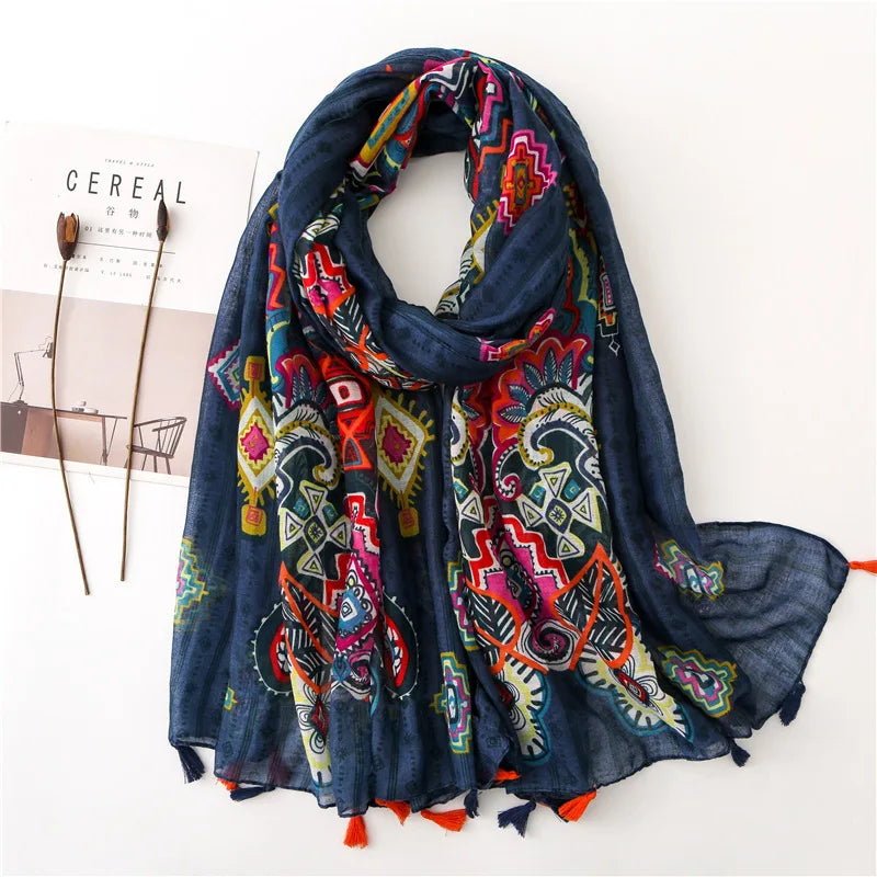 2023 Fashion Paisley Abstract Floral Tassel Viscose Shawl Scarf Lady Wrap Thin Pashmina Stole Muslim Hijab 180*90Cm 12