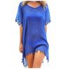 Summer Chiffon Tassels Beach Dress Swimwear Bikini Cover Up Female Mini Loose Solid Pareo Tops Swimsuit Blue One Size