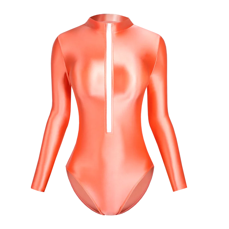 Satin Shiny Japanese Women's Sexy Body Suits Front Zipper Long Sleeve Tight Glossy Silky High Cut One Piece Swimsuit Plus Size Orange
