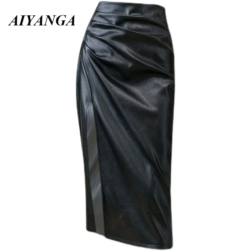 Black PU Leather Skirt Women 2021 Spring Autumn Midi Sexy High Waist Bodycon Split Skirts Office Pencil Skirt Knee Length Saia