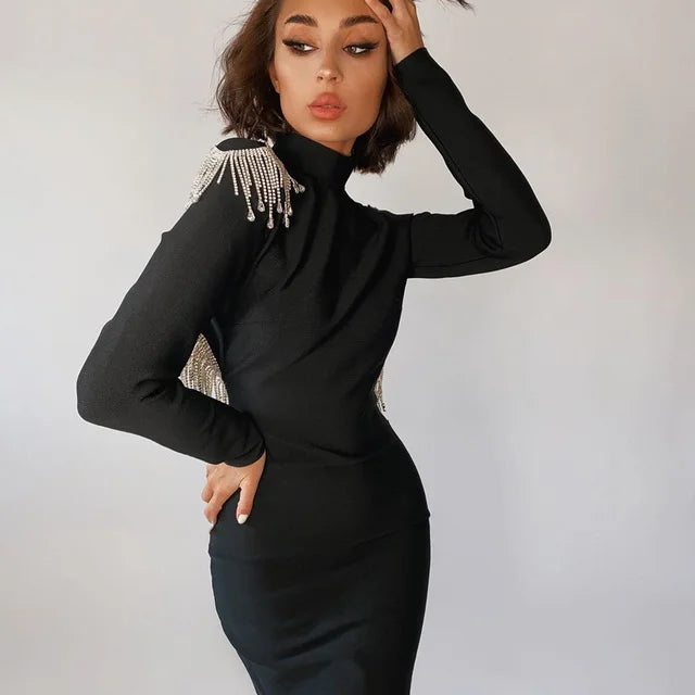 Red Black Sexy Fashion Sparkly Backless Diamonds Tassel Rayon Bandage Dress Cocktail Party Dress Vestidos