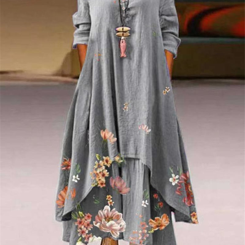Summer Floral Print Long Sleeve Dresses Women O Neck Buttons Irregular Hem Maxi Dress Loose Plus Size Party Vestidos Long Dress Grey