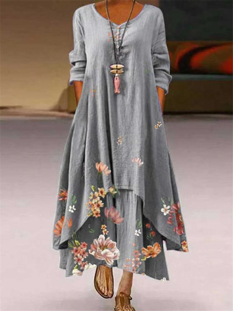 Summer Floral Print Long Sleeve Dresses Women O Neck Buttons Irregular Hem Maxi Dress Loose Plus Size Party Vestidos Long Dress Grey