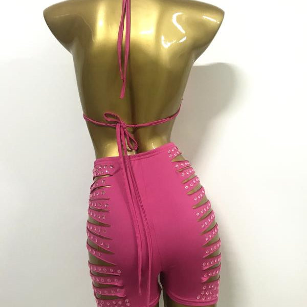 Shining Rhinestones Bra Hole Hollow Shorts Set Women Pink Crystal Bikini High Waist Pants Outfits Birthday Party Singer Costume