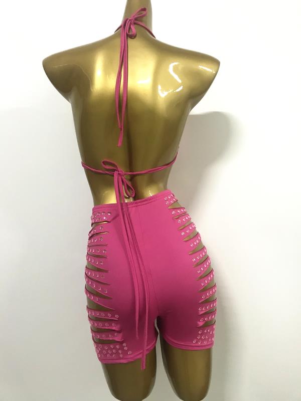 Shining Rhinestones Bra Hole Hollow Shorts Set Women Pink Crystal Bikini High Waist Pants Outfits Birthday Party Singer Costume