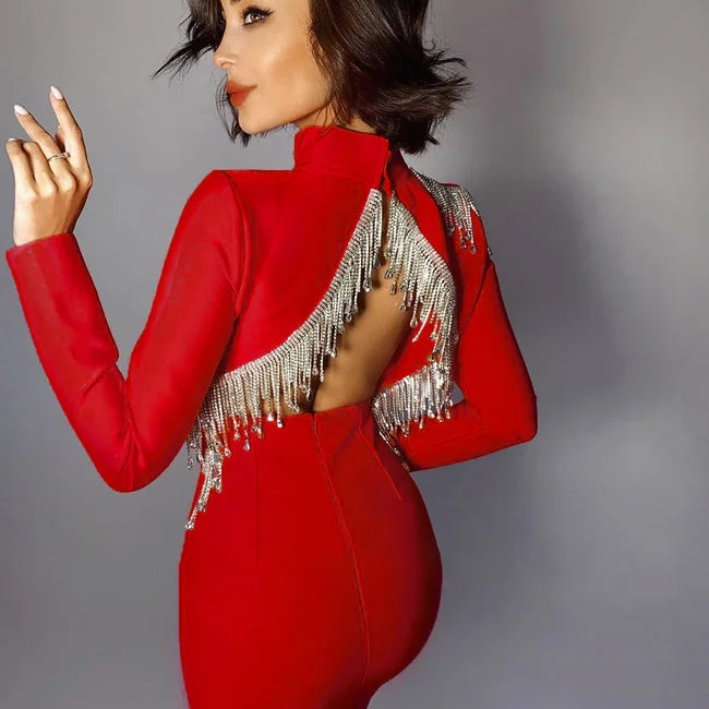 Red Black Sexy Fashion Sparkly Backless Diamonds Tassel Rayon Bandage Dress Cocktail Party Dress Vestidos Red