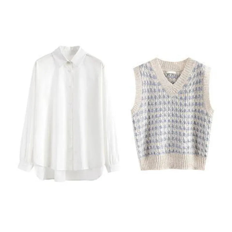 Women's Spring Autumn Fashion 3 Pieces Outfits 2024 Student Korean Casual Shirts+Sweater Vest+Straight Jeans Set Lady Streetwear 2 pcs Set