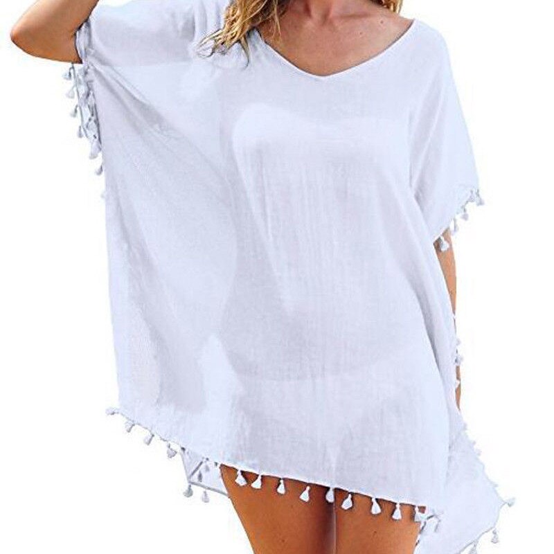 Summer Chiffon Tassels Beach Dress Swimwear Bikini Cover Up Female Mini Loose Solid Pareo Tops Swimsuit