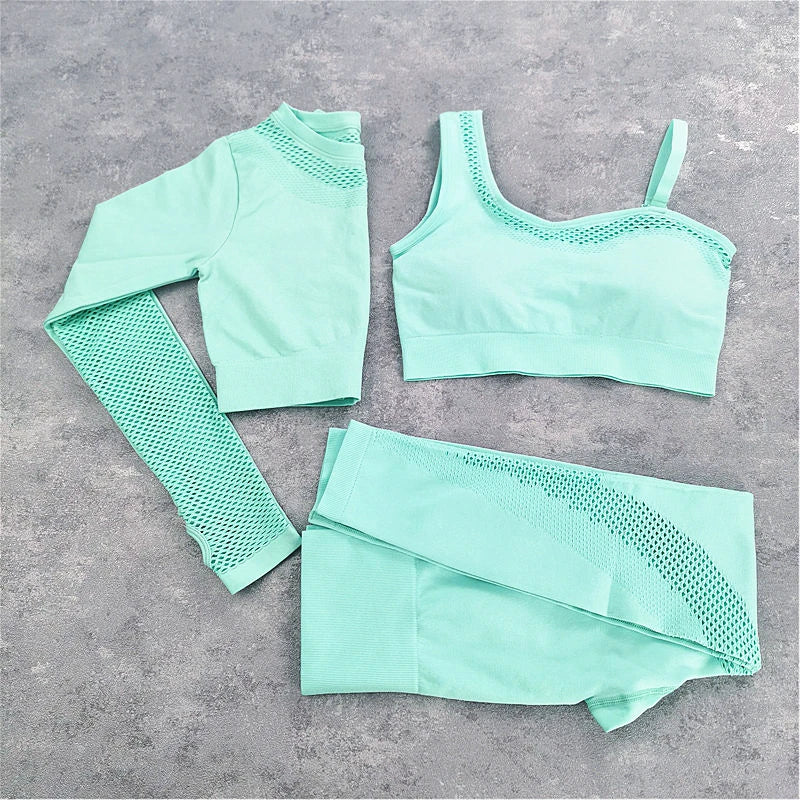Seamless Yoga Set Sport Outfits Women 2pcs Two Piece Hollow Long Sleeve Crop top Leggings Workout Wear Gym Suit Fitness Sets 3pcs Green Set